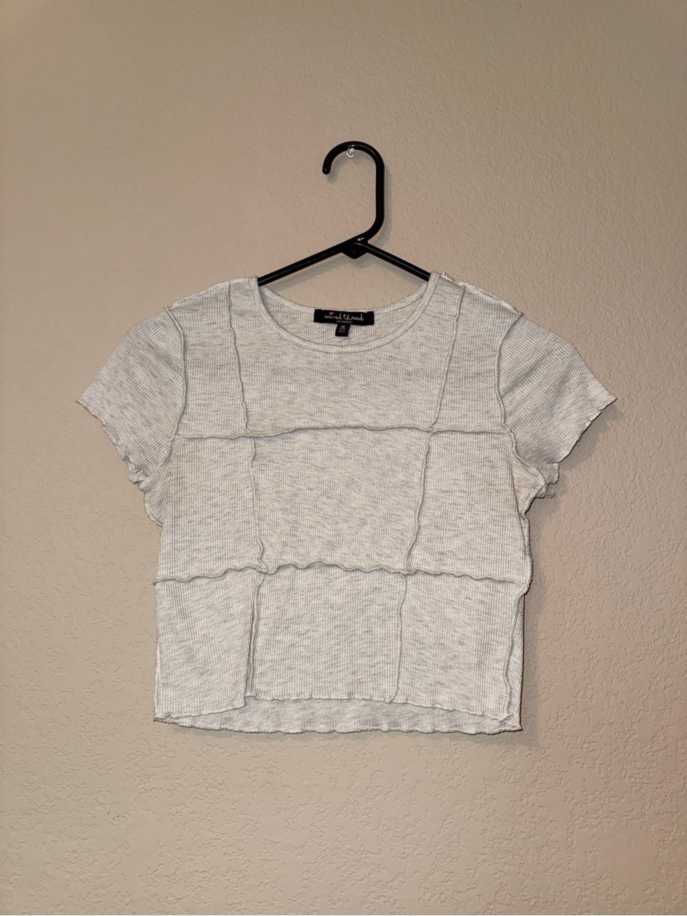 Patchwork Ribbed Crewneck Crop Top in Light Gray